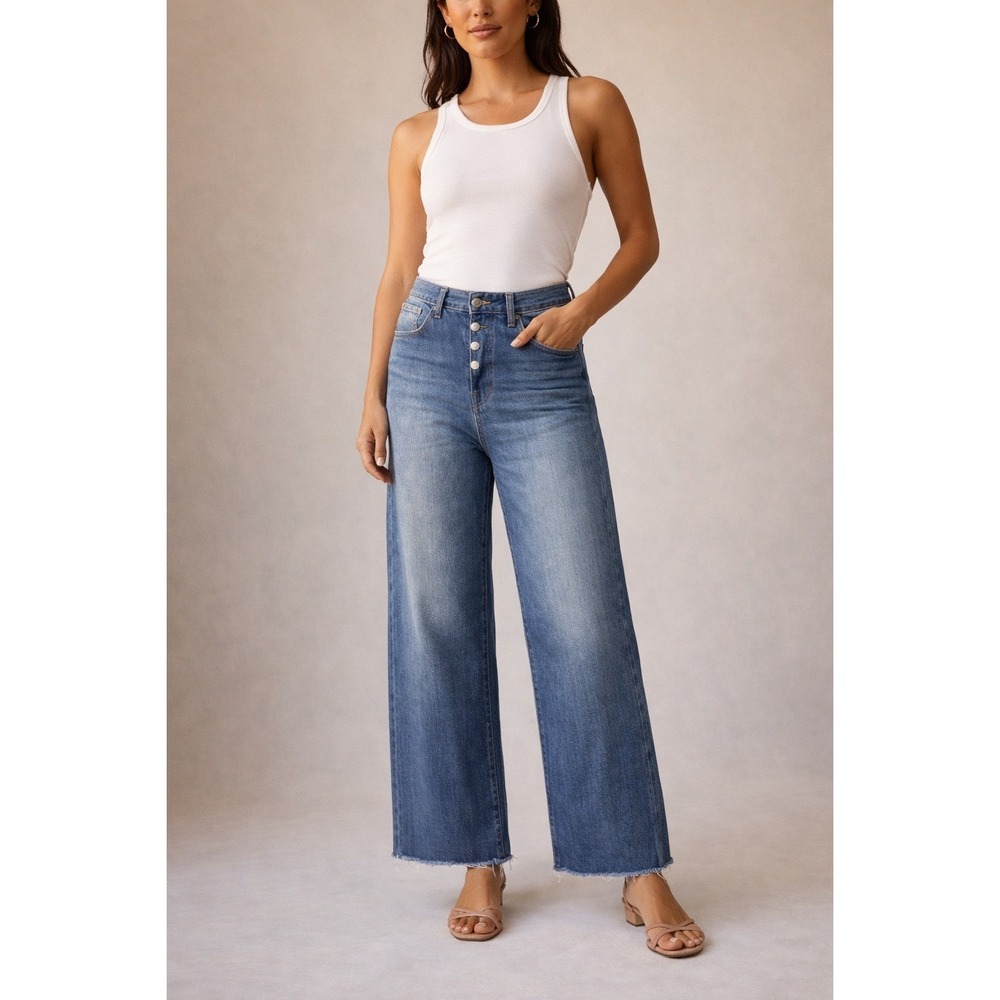 Veronica Beard Taylor Wide Leg Raw Hem Denim Jeans Button Front High Rise Sz 31
